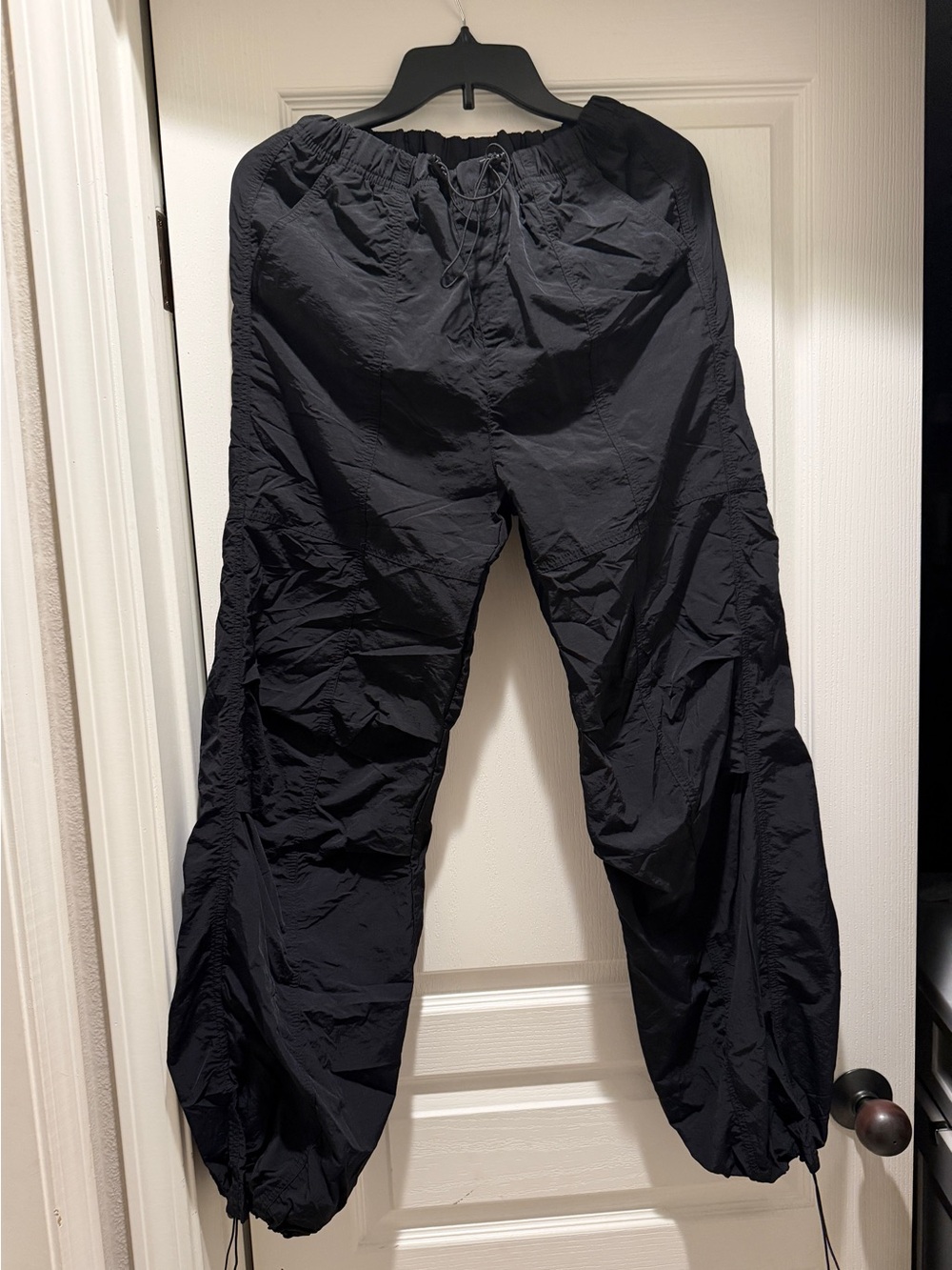 Black Nylon Parachute Pants Adjustable Waist & Ankle Size L